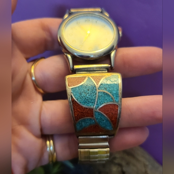 Vintage Navajo Turquoise and Coral Inlay Watch Band with Watch
